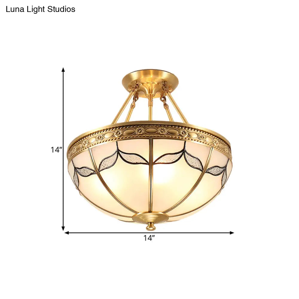 Retro Dome Ceiling Light With Milkglass & Leaf Pattern - Semi Flush Mount (3/4 Bulbs) Brass Finish