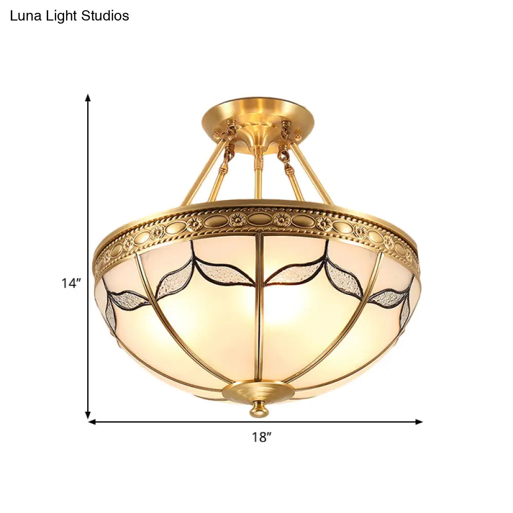 Retro Dome Ceiling Light With Milkglass & Leaf Pattern - Semi Flush Mount (3/4 Bulbs) Brass Finish