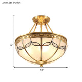 Retro Dome Ceiling Light With Milkglass & Leaf Pattern - Semi Flush Mount (3/4 Bulbs) Brass Finish
