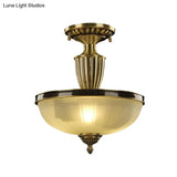 Retro Dome Glass Ceiling Light With Gold Metal Rod - 2-Bulb Semi Mount Lighting