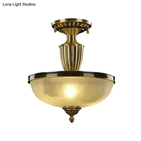 Retro Dome Glass Ceiling Light With Gold Metal Rod - 2-Bulb Semi Mount Lighting