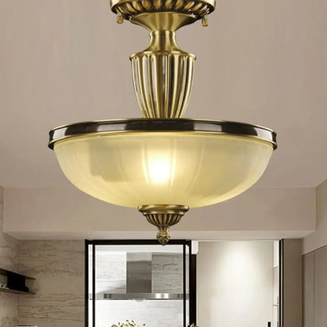 Retro Dome Glass Ceiling Light With Gold Metal Rod - 2-Bulb Semi Mount Lighting