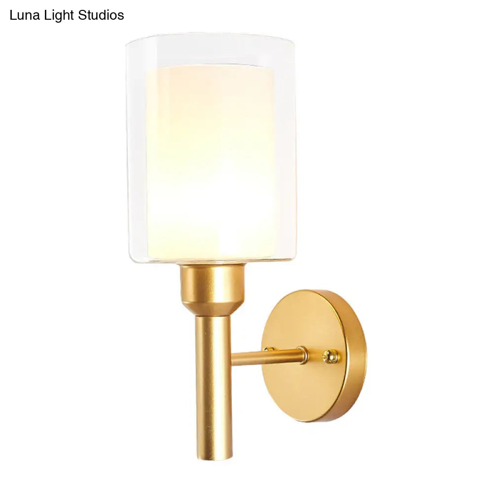 Retro Dual Cylinder Wall Sconce In Gold With Clear & White Glass Headlight