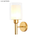 Retro Dual Cylinder Wall Sconce In Gold With Clear & White Glass Headlight