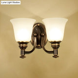 Retro Flared Sconce Light Fixture - White Glass Wall Mounted With Metal Curved Arm In Black-Gold