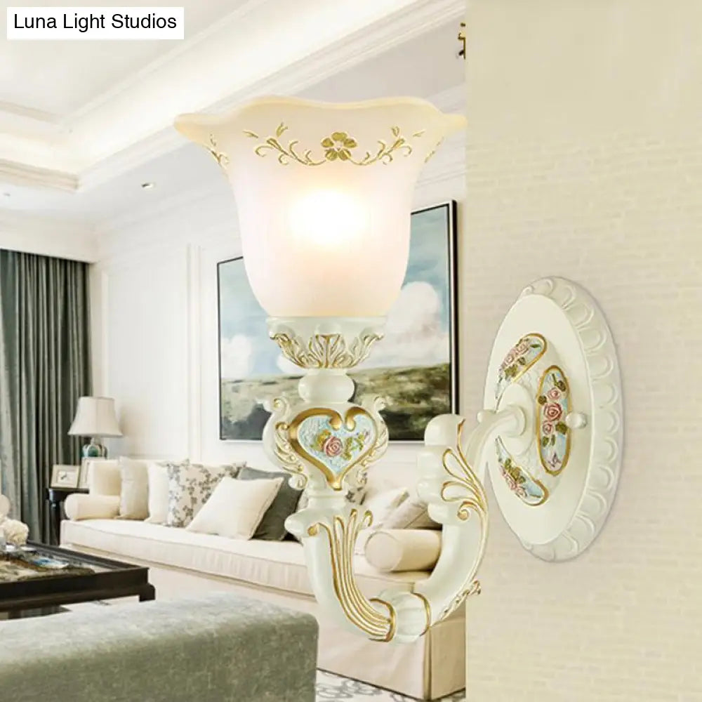 Retro Flower Frosted Glass Sconce Light With Carved Arm - 1-Light Wall Mount Lamp In White For Porch