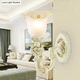 Retro Flower Frosted Glass Sconce Light With Carved Arm - 1-Light Wall Mount Lamp In White For Porch