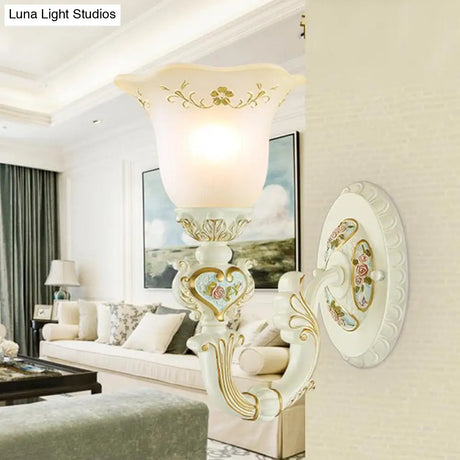Retro Flower Frosted Glass Sconce Light With Carved Arm - 1-Light Wall Mount Lamp In White For Porch