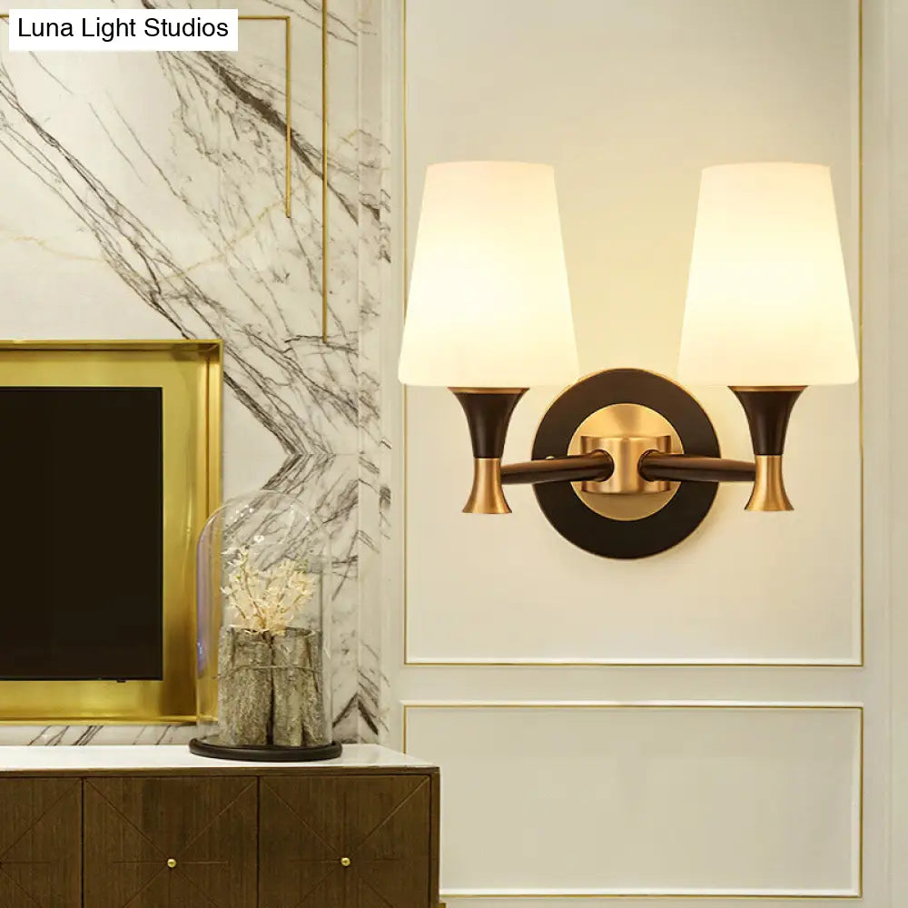 Retro Frosted Glass Bedroom Wall Sconce Light - Tapered Design With Sleek Metal Arm