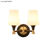 Retro Frosted Glass Bedroom Wall Sconce Light - Tapered Design With Sleek Metal Arm