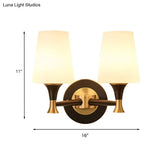 Retro Frosted Glass Bedroom Wall Sconce Light - Tapered Design With Sleek Metal Arm