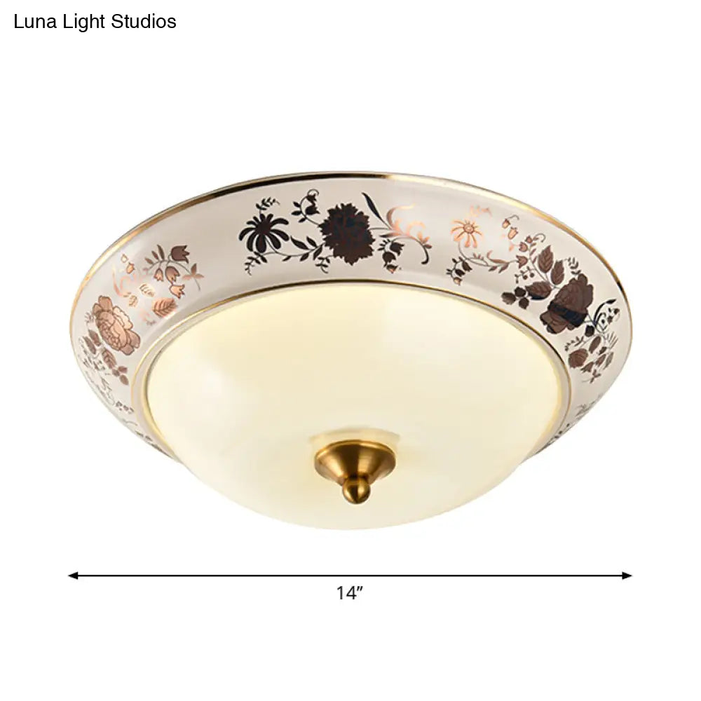 Retro Frosted Glass Led Ceiling Fixture - Hemisphere Hall White Flush Mount Light 12’/14’/18’ Width