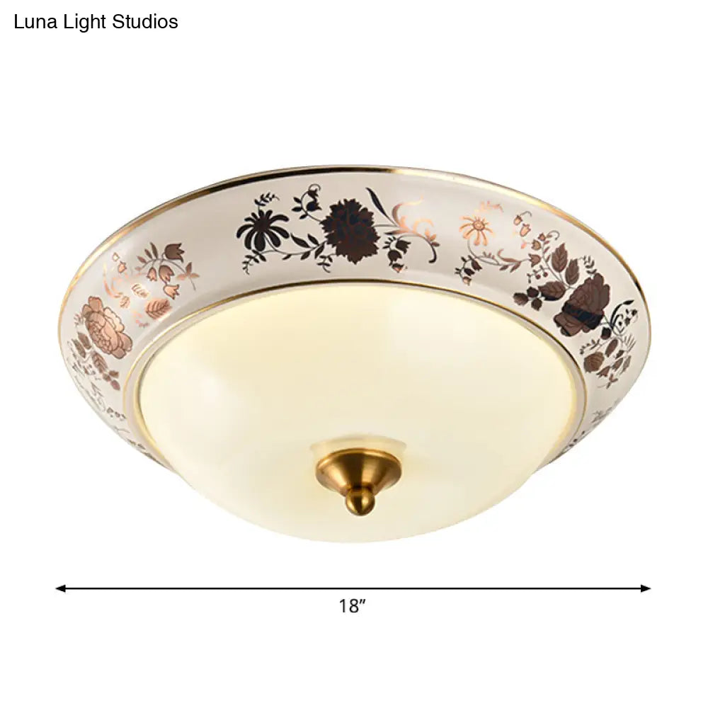 Retro Frosted Glass Led Ceiling Fixture - Hemisphere Hall White Flush Mount Light 12’/14’/18’ Width