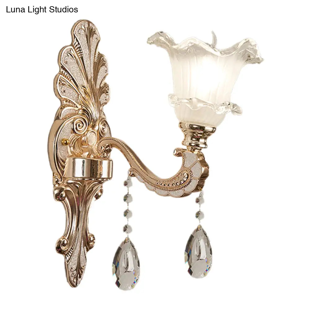 Retro Frosted Glass Sconce With Ruffle Trim & Gold Wall Mount 1/2-Bulb Doorway Light