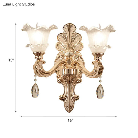 Retro Frosted Glass Sconce With Ruffle Trim & Gold Wall Mount 1/2-Bulb Doorway Light