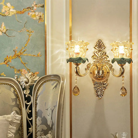 Retro Glass Gold Ruffle Flower Wall Mount Light With Crystal Draping 2 / A