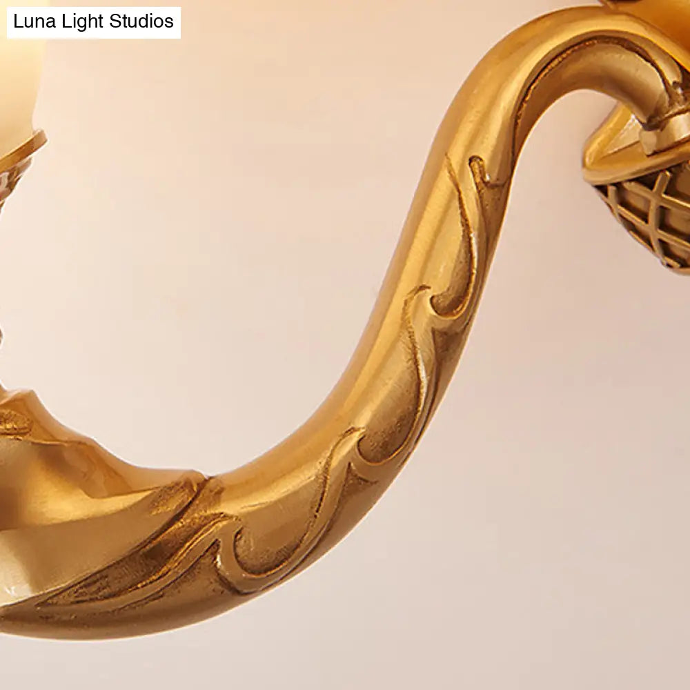 Retro Gold Dome Wall Lamp With Frosted Glass & Scrolled Arm