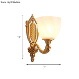 Retro Gold Dome Wall Lamp With Frosted Glass & Scrolled Arm
