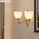 Retro Gold Dome Wall Lamp With Frosted Glass & Scrolled Arm