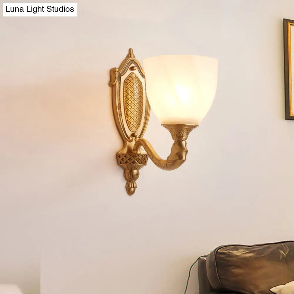 Retro Gold Dome Wall Lamp With Frosted Glass & Scrolled Arm