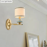 Retro Gold Fabric Wall Sconce With Porcelain Cap - Cylindrical 1/2-Light Lamp For Porch