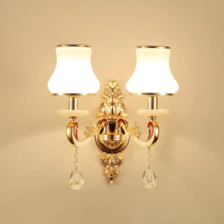 Retro Gold Flared Sconce Lamp With Crystal Droplet - Milk Glass Wall Mount Light 2 /