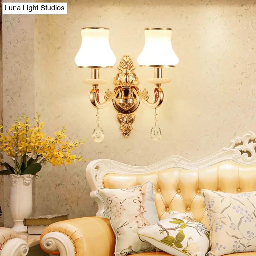 Retro Gold Flared Sconce Lamp With Crystal Droplet - Milk Glass Wall Mount Light