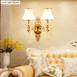 Retro Gold Flared Sconce Lamp With Crystal Droplet - Milk Glass Wall Mount Light