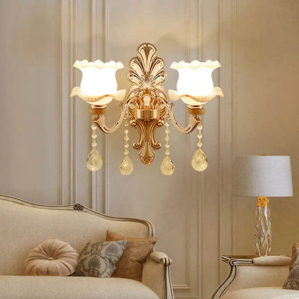 Retro Gold Wall Mount Light With Floral Glass Shade And Hanging Crystal Elegant Lighting 1 / A