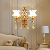 Retro Gold Wall Mount Light With Floral Glass Shade And Hanging Crystal Elegant Lighting 1 / A
