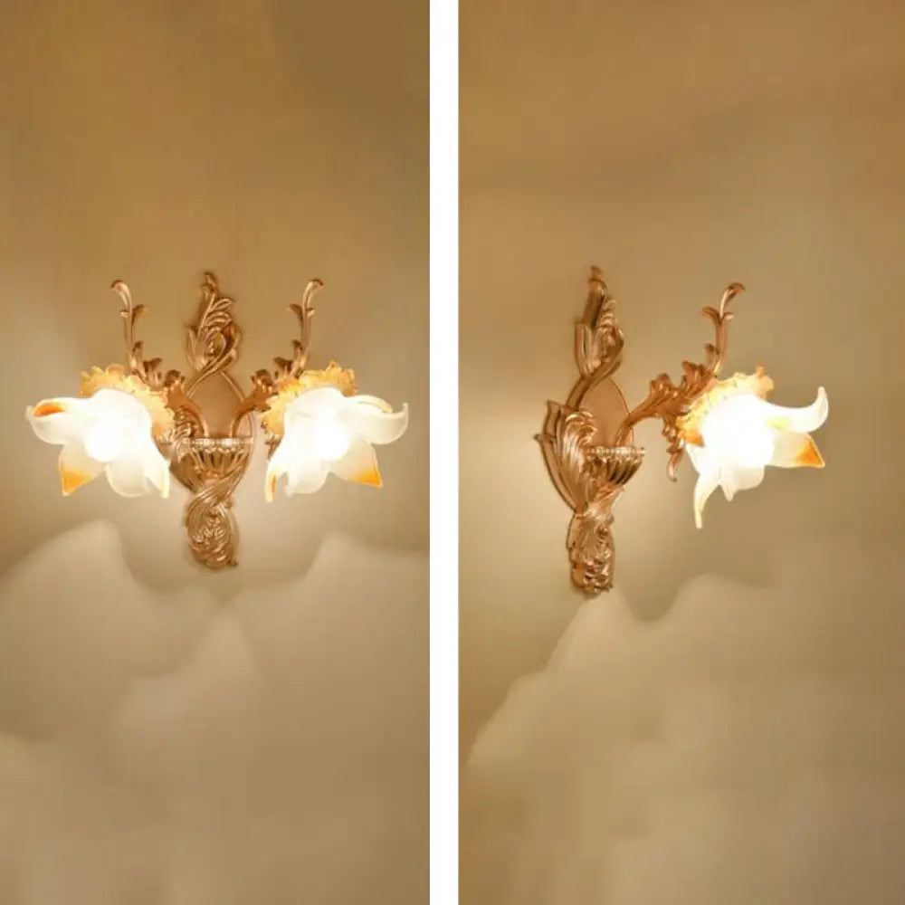Retro Gold Wall Mount Light With Floral Glass Shade And Hanging Crystal Elegant Lighting 1 / K