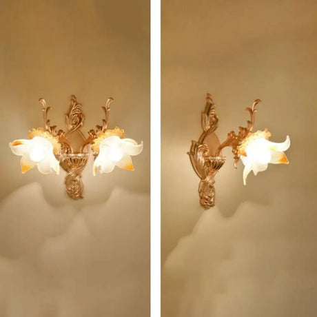 Retro Gold Wall Mount Light With Floral Glass Shade And Hanging Crystal Elegant Lighting 1 / K