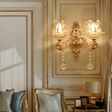 Retro Gold Wall Mount Light With Floral Glass Shade And Hanging Crystal Elegant Lighting