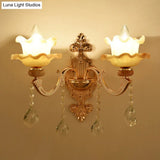 Retro Gold Wall Mount Light With Floral Glass Shade And Hanging Crystal Elegant Lighting