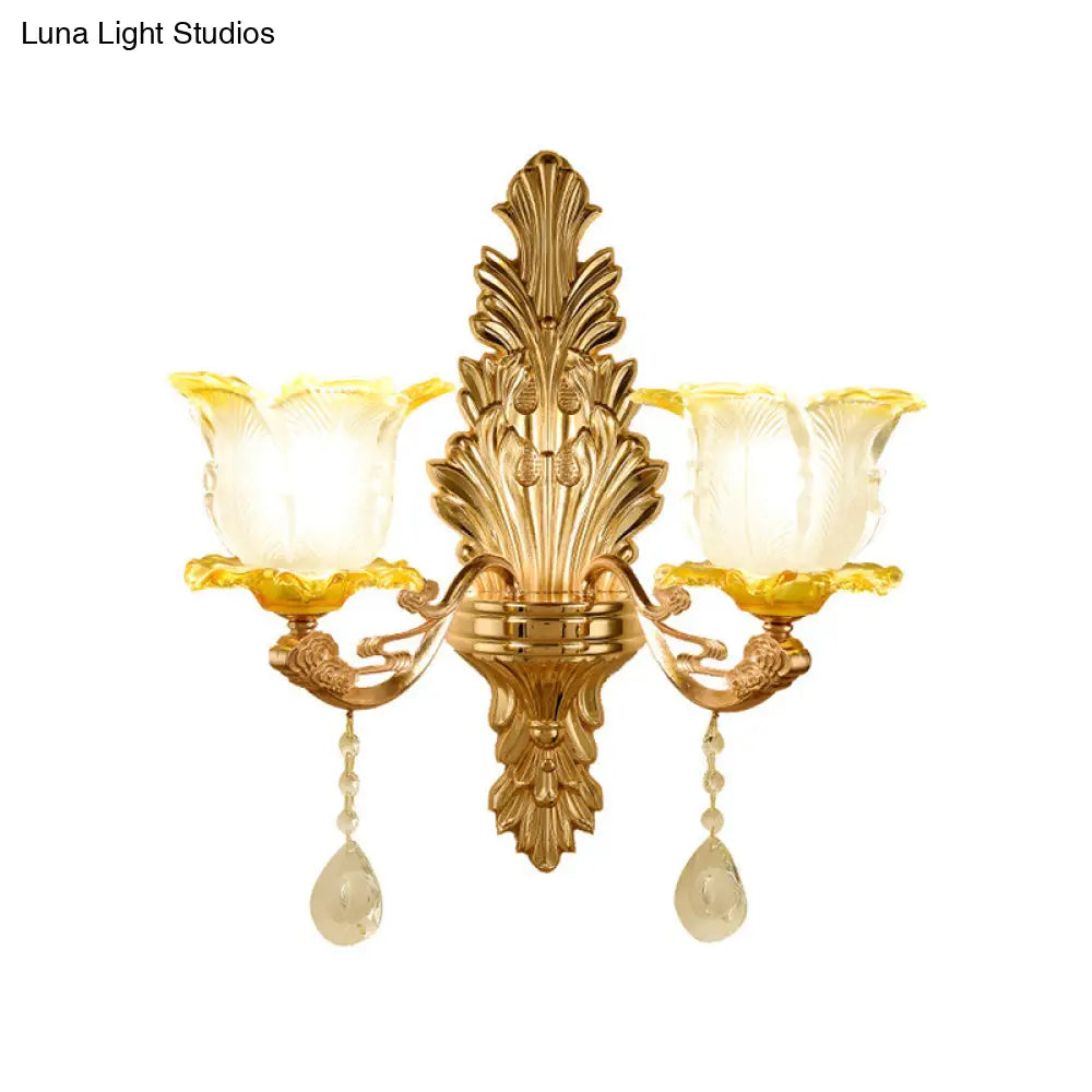 Retro Gold Wall Mount Light With Floral Glass Shade And Hanging Crystal Elegant Lighting