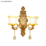 Retro Gold Wall Mount Light With Floral Glass Shade And Hanging Crystal Elegant Lighting