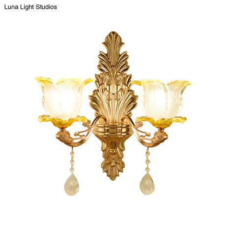 Retro Gold Wall Mount Light With Floral Glass Shade And Hanging Crystal Elegant Lighting