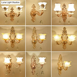 Retro Gold Wall Mount Light With Floral Glass Shade And Hanging Crystal Elegant Lighting
