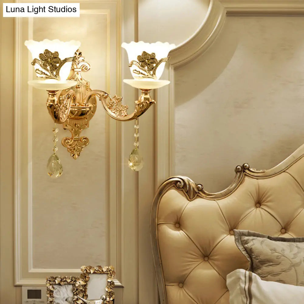 Retro Gold Wall Mount Light With Floral Glass Shade And Hanging Crystal Elegant Lighting
