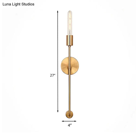 Retro Gold Wall Sconce With Linear Arm And Bare Bulb For Living Room