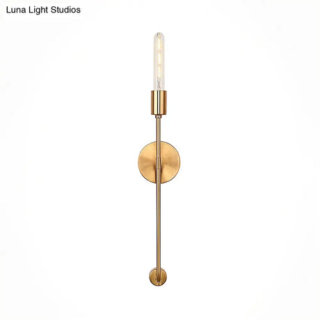 Retro Gold Wall Sconce With Linear Arm And Bare Bulb For Living Room