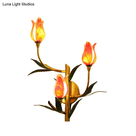 Retro Gradient Pink/Red Tulip Sconce - 3-Light Wall Lighting For Stylish Living Room Decor