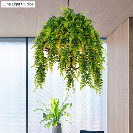 Retro Green Plant Restaurant Led Ceiling Chandelier - 3-Bulb Metal Hanging Light