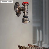 Retro Industrial Bronze Wall Sconce With Valve Wheel & 1 Light Pipe Shade - Indoor Metallic Lamp