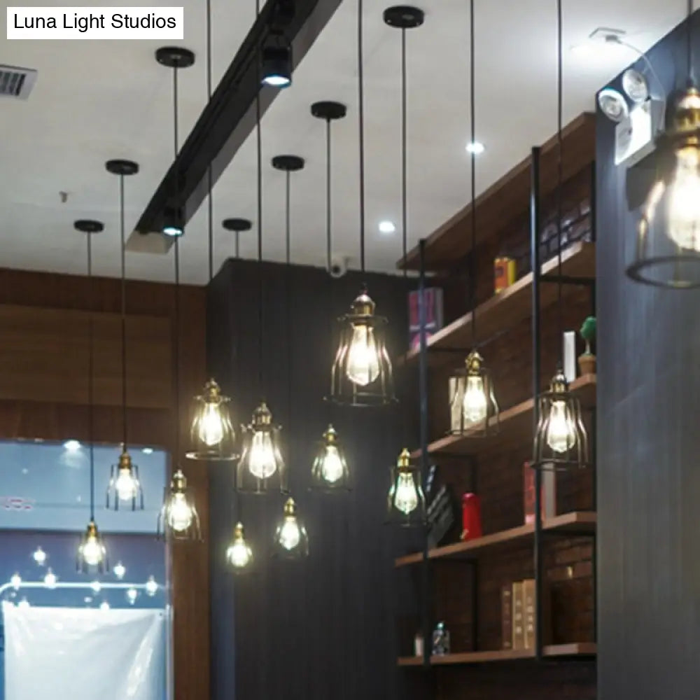 Retro Industrial Hanging Lamp - Single Light Pendant With Black Wrought Iron Frame For Restaurant