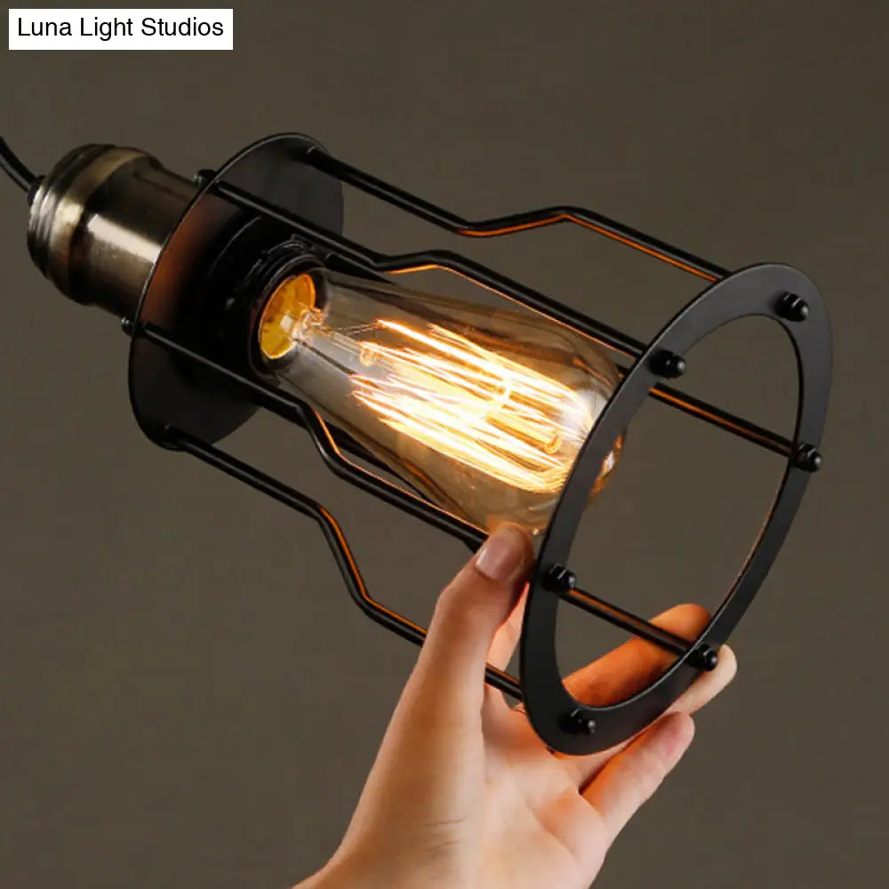 Retro Industrial Hanging Lamp - Single Light Pendant With Black Wrought Iron Frame For Restaurant