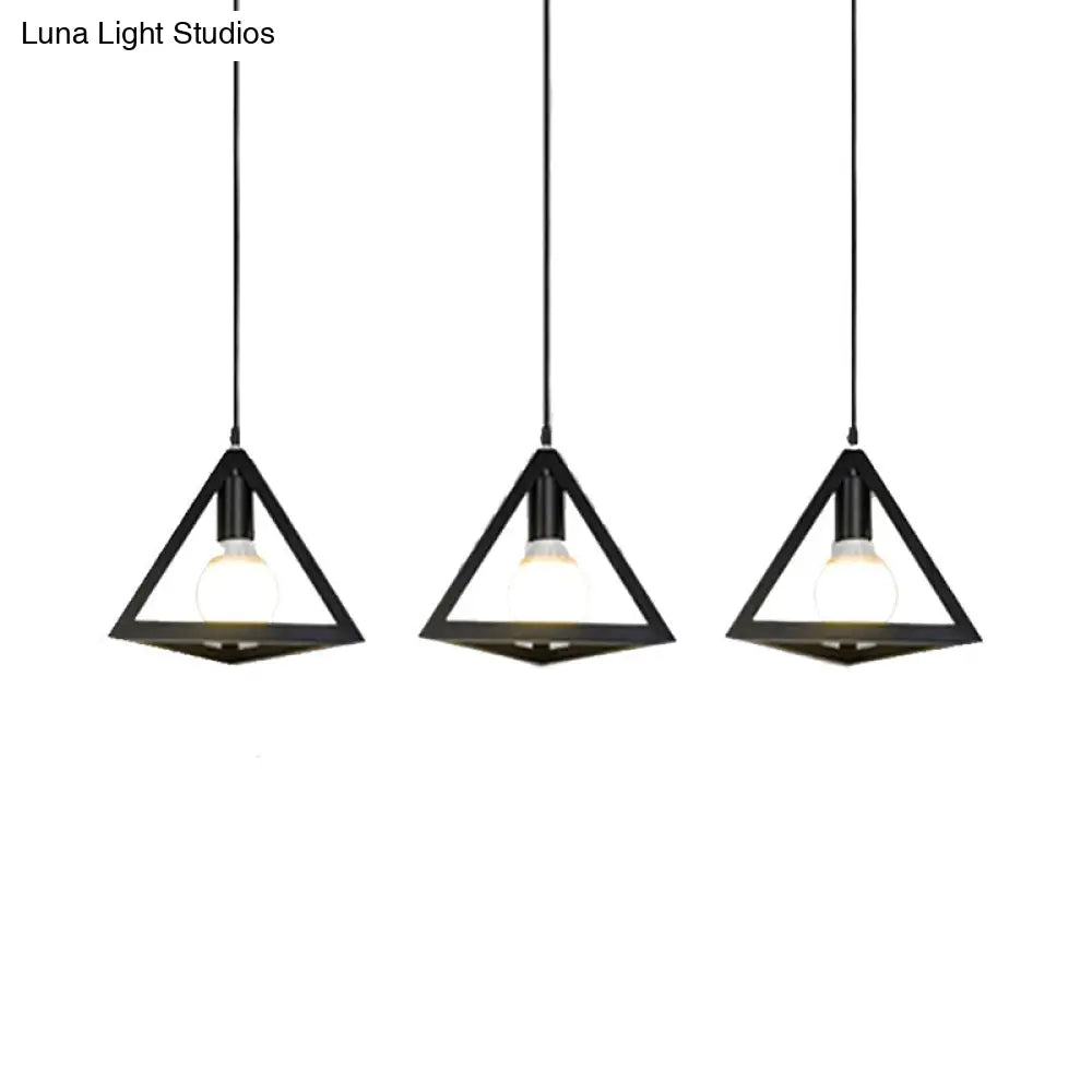Retro Industrial Hanging Lamp With 3 Triangle Metallic Heads And Wire Guard In Black/White