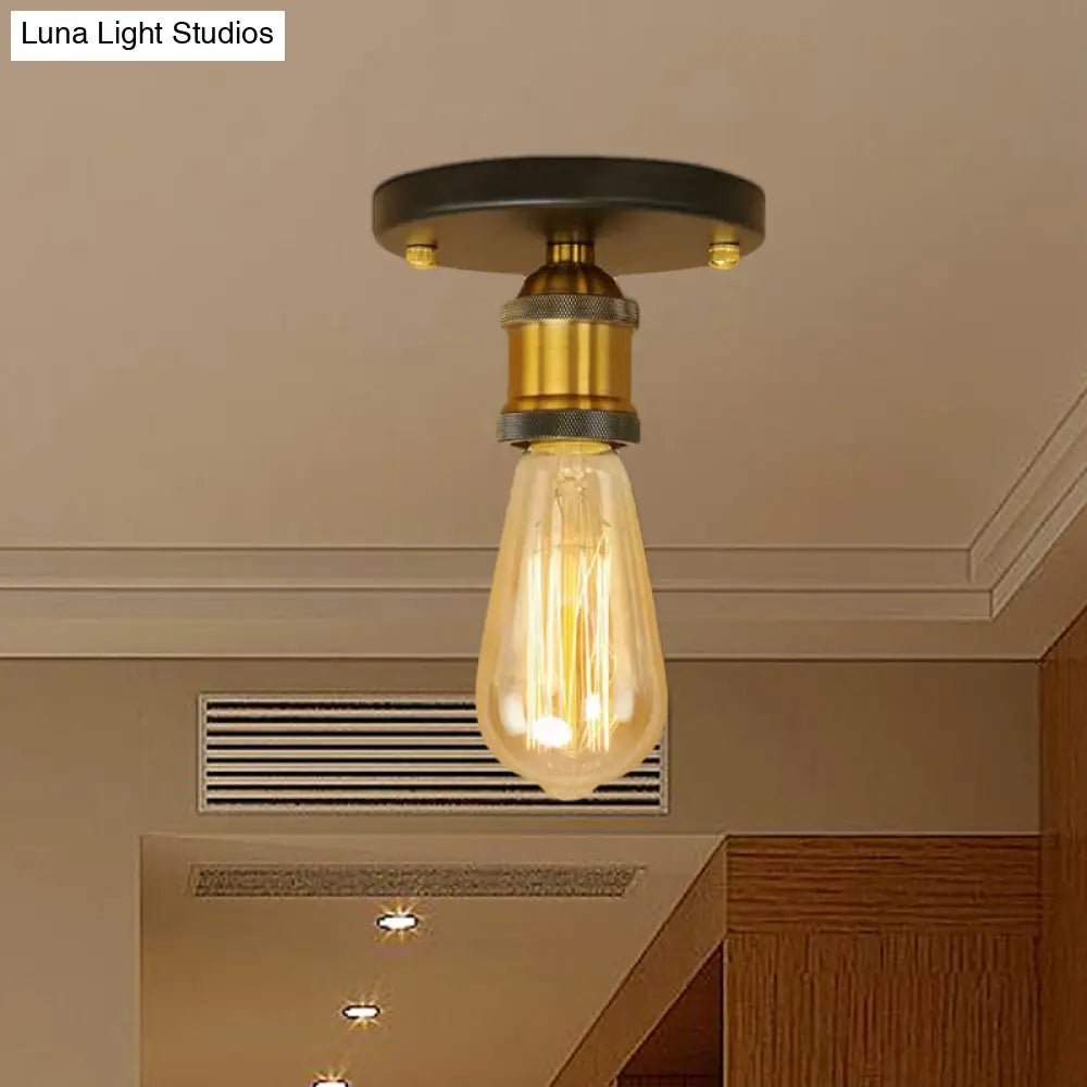 Retro Industrial Metal Black/Brass Finish Ceiling Lighting - Exposed Bulb Semi Flush Mount Light