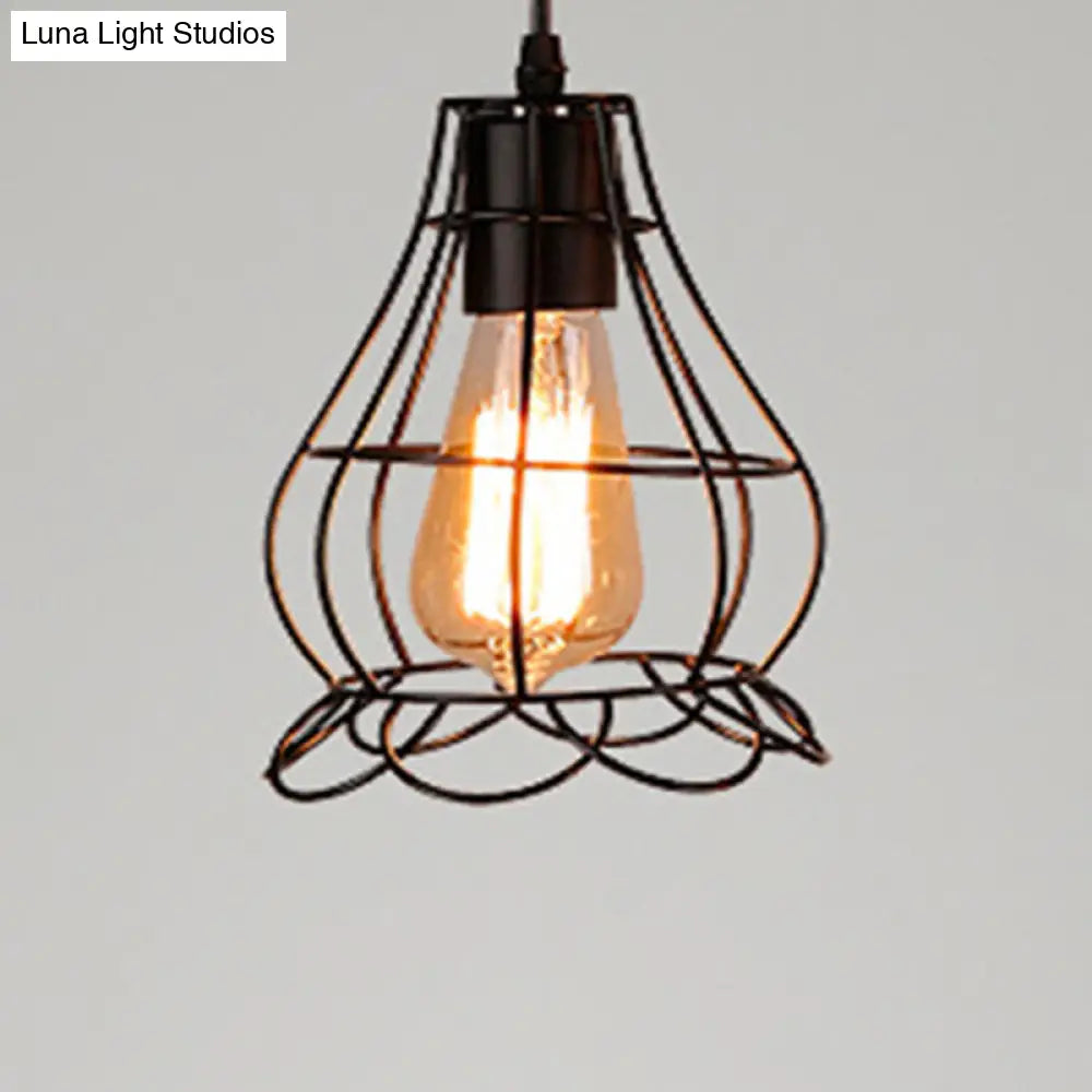 Retro Industrial Metal Cage Pendant Light Fixture - 1-Light Ceiling Hanging For Restaurants