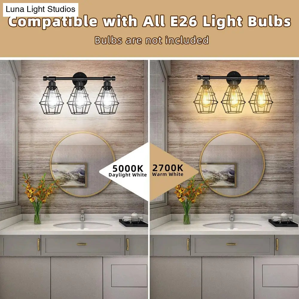 Retro Industrial Metal Cage Vanity Wall Light - 3 Fixture